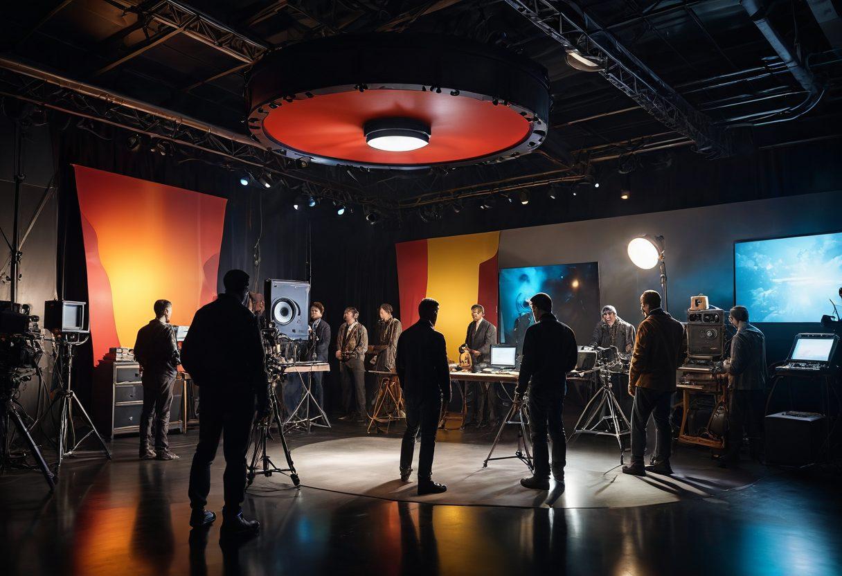 A dynamic film set featuring a diverse group of actors and crew members, surrounded by equipment, colorful costumes, and theatrical props, all under dramatic lighting. In the foreground, a shield graphic symbolizing protection and safety overlays the scene, with insurance documents and safety gear subtly integrated in the background, representing coverage for risks. The ambiance conveys excitement and creativity while emphasizing the theme of safeguarding the entertainment venture. vibrant colors. super-realistic. cinematic lighting.