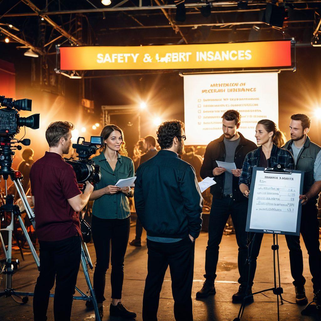 A bustling film set featuring a diverse group of filmmakers and actors, with a large banner displaying 'Liability & Event Insurance' prominently. In the foreground, a confident producer holds a clipboard, showcasing a checklist of safety protocols. The background captures vibrant lights, cameras, and a film crew in action, with a dramatic sunset creating a cinematic atmosphere. Subtle hints of insurance documents and safety gear are strategically placed. super-realistic. vibrant colors. cinematic style.