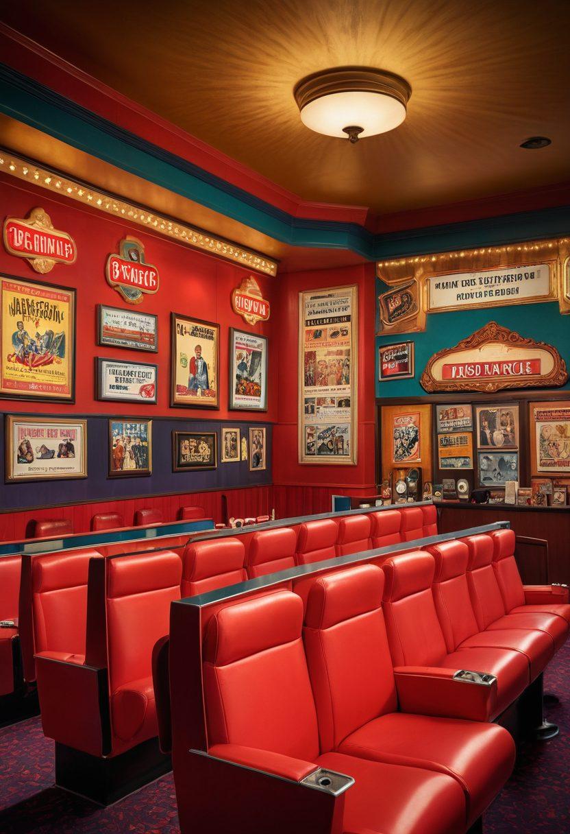 A vibrant movie theater interior showcasing vintage film posters, neatly arranged seats, and a bustling concession stand. Include a spotlight shining down on a projector with a cinematic reel, symbolizing the importance of insurance for the entertainment industry. Subtle overlays of insurance documents and policy icons blend into the background to highlight the theme. The overall mood should be lively and engaging, evoking a sense of nostalgia for cinema. super-realistic. vibrant colors. 3D.
